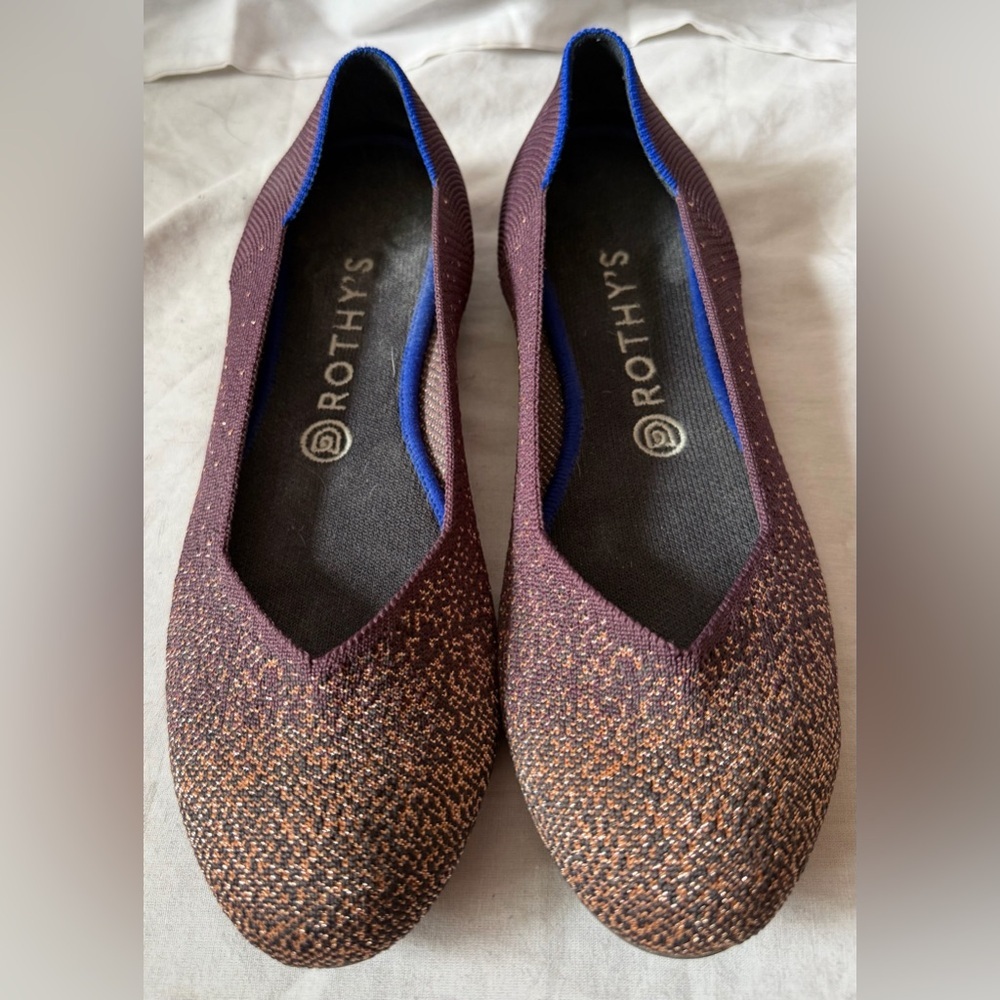 Rothy's Knit Flats in Purple W/Gold Sparkle 9 EUC Washable Comfy Dress Shoe